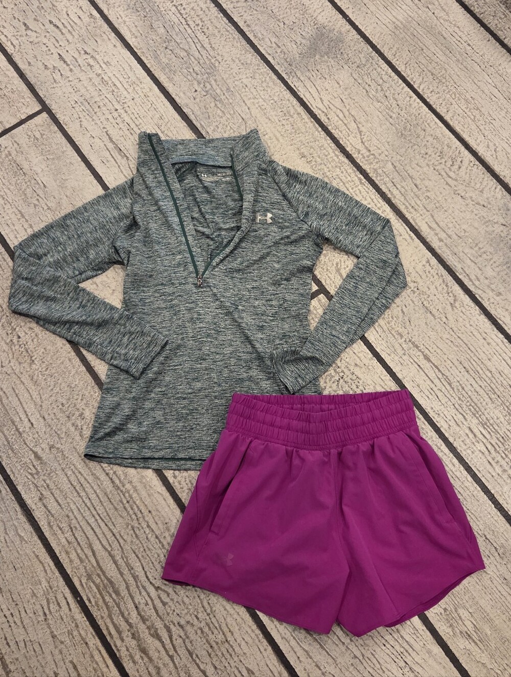 Under Armour Women's Bright Magenta Athletic Shorts Green Pullover Bundle XS